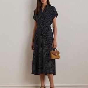 NWOT - Ralph Lauren Navy Polka Dot Short Sleeve Crepe Belted Midi Plus Dress 20W